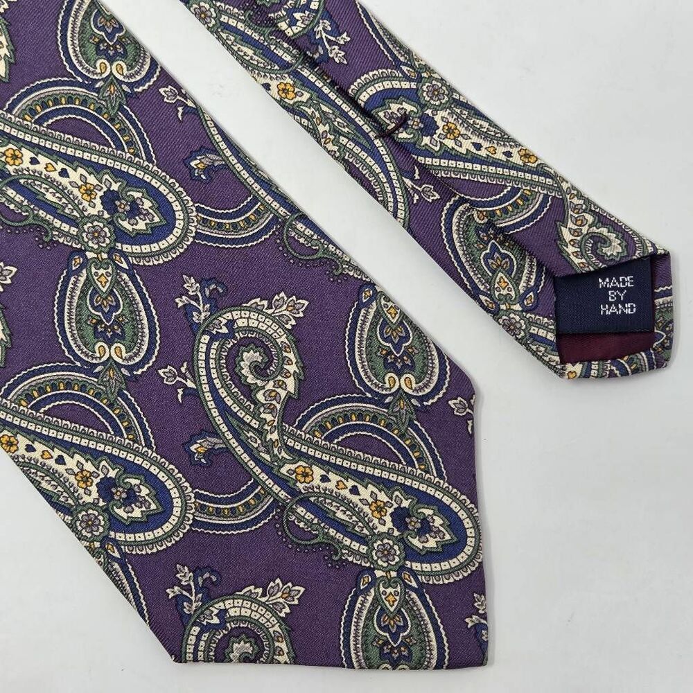 POLO RALPH LAUREN SILK TIE PURPLE GREEN PAISLEY VINTAGE MADE BY HAND 3.5" X 57"